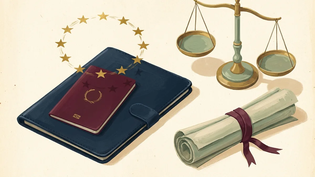 Pasaporte bordó sobre una carpeta azul marino, con estrellas doradas europeas, una balanza y documentos legales